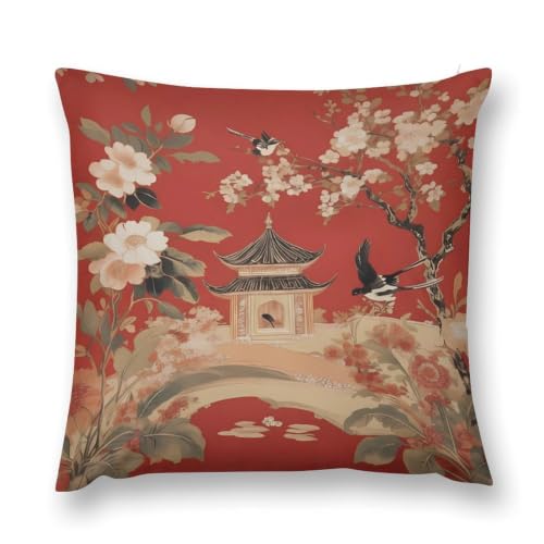 Red Oriental Vintage Chinese Floral Tower Pillow Cover Sofa Square Cushion Throw Case Home Decorative Pillowcase for Couch Bedroom 18x18 Inch