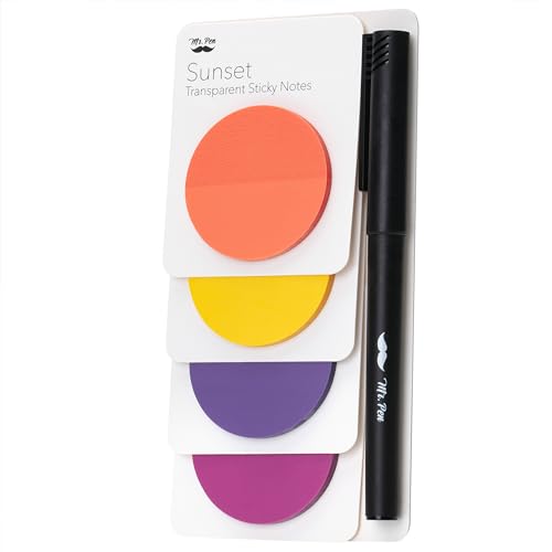 Mr. Pen- Round Transparent Sticky Notes, 1.8”, 4 Pads with Black Fineliner - color: Sunset, size: 200 Sheets