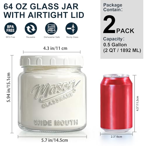 Half Gallon Glass Jar with Lid, 64 Oz Mason Jar for Pantry Storage - color: 64oz-Round-2 Pack-Screw Lid