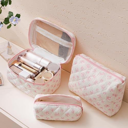 HBselect Quilted Makeup Bag, 3Pcs Cotton Large Travel Makeup Bags Organizer - color: A-3PCS-Floral 18