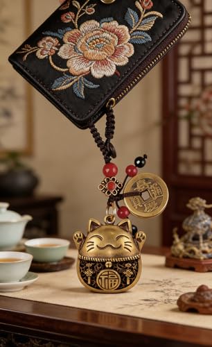 Lucky Cat Charms,Maneki Neko Brass Cat Keychain With Feng Shui Coins,Buddha Statue Kitty Good Luck Charms - color: Lucky Cat