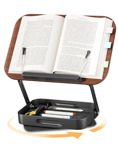Adjustable Book Stand with Storage Drawer, 360° Rotating Book Holder, Height & Angle Adjustable, Extra-Wide Page Clips for Thick Books, Wood & Aluminum Book Stand for Desk, Study, Kitchen - color: Dark Wood