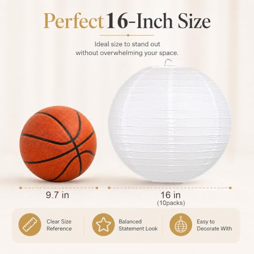 LIHAO 16 Inch White Round Paper Lanterns, 10-Pack - size: 16 inches