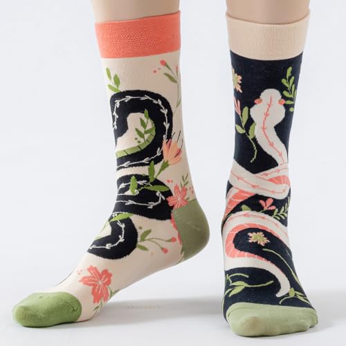 2 Pairs Cartoon Animal Crew Socks Fun Cotton Mid Calf Socks for Women - color: Snake & Flower