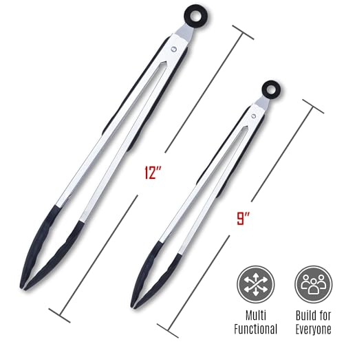 Kitchen Tongs Set, 2 Pack Stainless Steel with Silicone Tips - size: Pack of 2 Black (9" & 12")