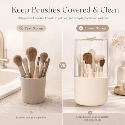 EACHY Makeup Brush Holder with Lid, Rotating Makeup Brush Organizer, Beige - color: Beige