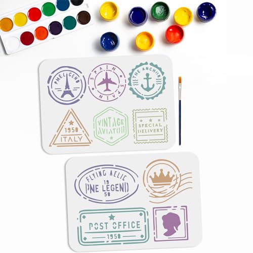 MAYJOYDIY 10 Styles Postal Stencil 11.7×8.3inch Vintage Stamp Travel Seal Stencil with Paint Brush Reusable Post Office Airplane Anchor Drawing Templates for Crafts Furniture Wood Canvas Home Decor - color: Postal