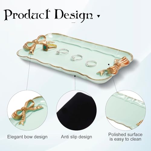 Warmtree Bow Jewelry Tray, Coquette Trinket Dish, Vanity Decor - color: Green