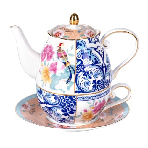 KAMMAK Tea for One Set, Ceramic Teapot, Bone China Tea Set, Cup and Saucer - color: Blue-GH11