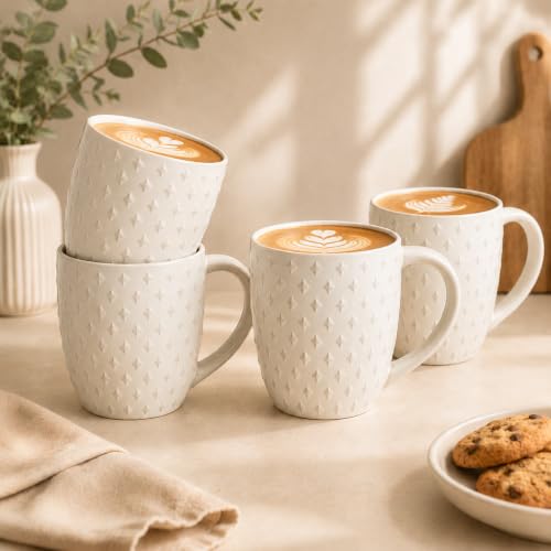 14 oz Ceramic Coffee Mugs Set of 4, White Stoneware Cups with Handle - color: Embossed-4PCS