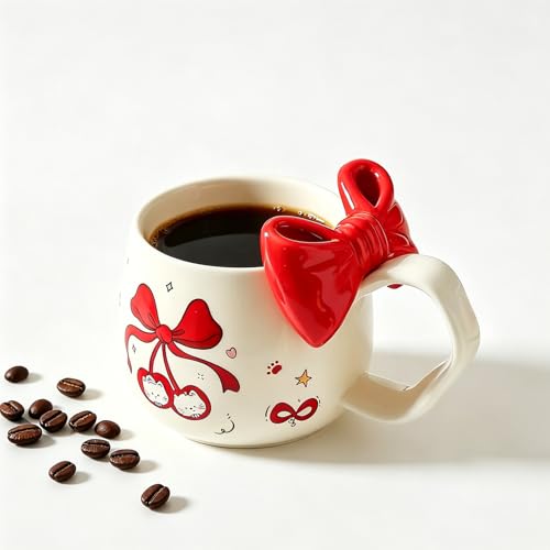 Cute Cherry Cat Ceramic Coffee Mugwith 3D Bow & Bow Spoon - color: B, size: Large