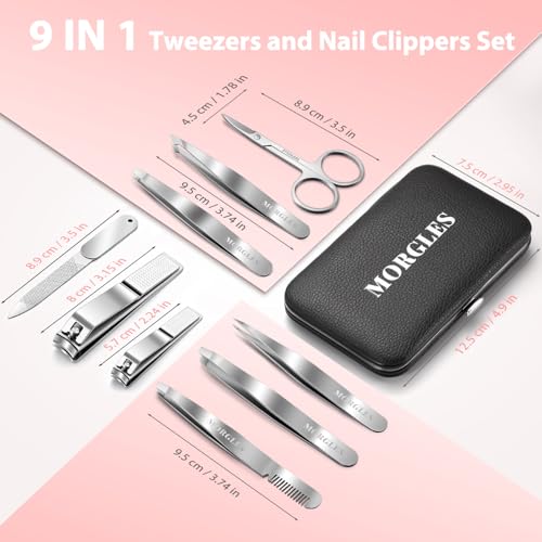 MORGLES Tweezers Set for Men 9 Pcs Nail Clipper Kit with Case for Grooming - color: C-silver