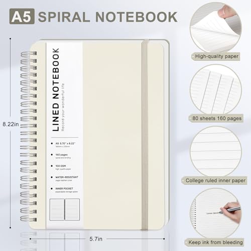 Lined Spiral Journal Notebook, A5 Hardcover Leather Notebook for Work, 5.7''×8.2'', 100GSM Thick Paper Spiral Bound Journaling Notebook for Women Men Office School Note Taking Business, Morandi Cream - color: Morandi Cream, size: A5