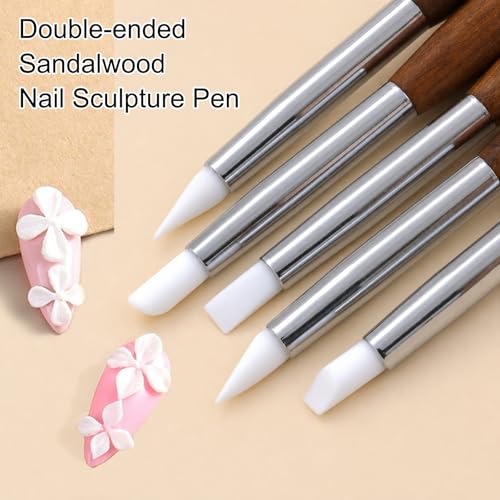 5Pcs Dual-Ended Nail Art Sculpting Tools Silicone Nail Tools for 3D Gel Carving Embossing Gel Mixing Chrome Powder Application Flower Dotting Manicure Design Pen