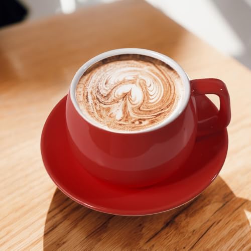 ionEgg Porcelain Coffee Cup with Saucer 270ml/9oz, Minimalist Design, Perfect for Latte, Cappuccino, and Tea, Red - color: Red
