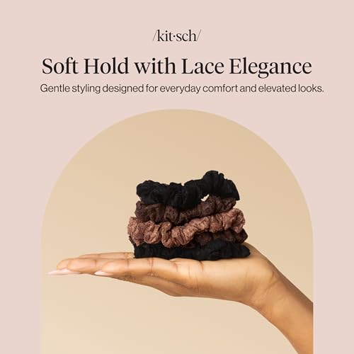Kitsch Ruched Lace Scrunchies For Women - Black, Chocolate & Mocha, 5pc Set - color: Chocolate & Mocha