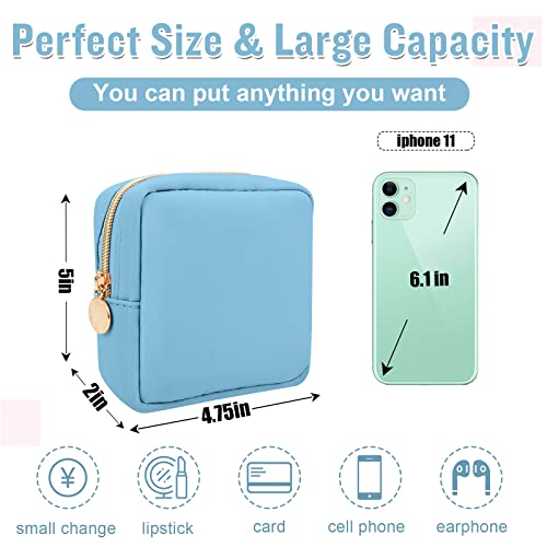 Nylon Mini Makeup Bag for Purse, Preppy Small Cute Makeup Bag Cosmetic Zipper Pouch Purse, Waterproof Travel Coin Pouch Sanitary Napkin Storage Bag Clutch Make Up Organizer Bag for Women Girls(Blue) - color: Blue, size: Mini