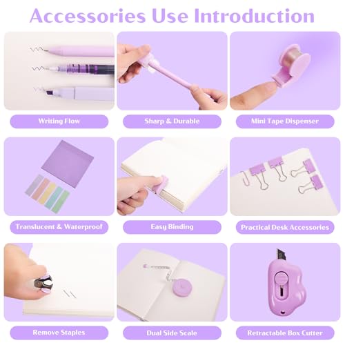 Mini Office Supply Kit, Mini Stapler with Staples and Tape Dispenser Set, Mini Stationary Kit Includes Sticky Notes Index Tabs Highlighters Gel Pens for Office & School Supplies (Purple) - color: Purple