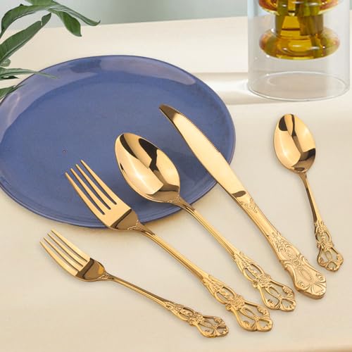 Retro Royal Gold Silverware Set With Gift Box, 20-Pieces Cutlery Set Utensils Stainless Steel Flatware For 4 MIKIWAY Kitchen Tableware Set For Gifts Festive, Dishwasher Safe, Mirror Polishing - color: A-Mirror Gold (Gift Box)