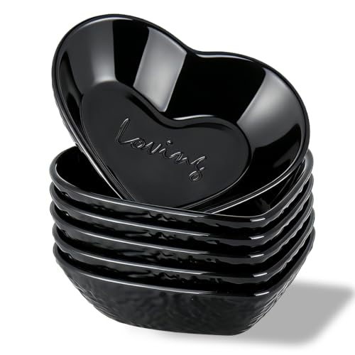 HOMQUEN Dipping Bowls, 3oz Soy Sauce Dish, Pturdy Plastic Small Bowls Set of 6, Black Love Heart Mini Appetizer Plates for Sauce, Soy Sauce, Condiment, Side Dishes, Sushi, Ketchup, BBQ Party - color: Black