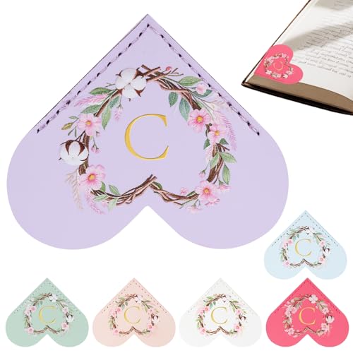 6 Pack Macaron Colorful Bookmarks,Heart Shape Leather Bookmark Set with Floral Initials,Cute UV Printed Design,Bulk Graduation Gifts for Students Teachers Book Lovers,Elegant Thank You Gift (C) - style: C