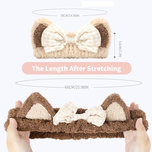 PERFECTSIGHT Kawaii Headband for Spa, Makeup, Washing Face, Party - 2 Pack Cute Cat Ear Hair Band for Shower Beauty Skincare, Soft Facial Headbands for Girls and Women (Beige+Coffee Bow) - color: Beige+Coffee Bow
