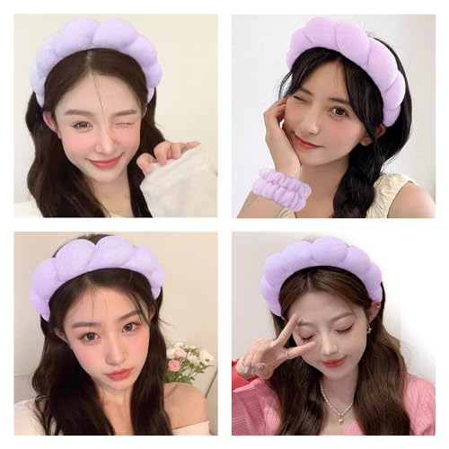 Spa Headbands for Washing Face Wristband Set Sponge Makeup Skincare Headband Wrist Towels Bubble Soft Terry Towel Cloth Hairband for Women Puffy Headwear Non Slip Thick Thin Hair Headwear (Lilac) - color: Lilac