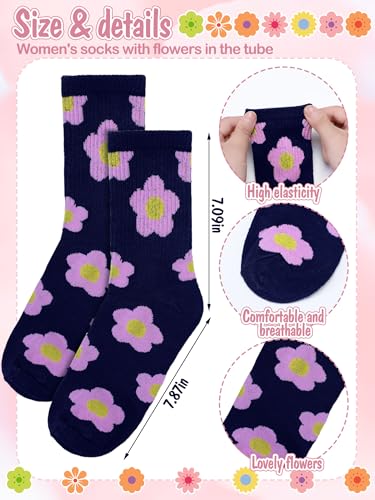 Fourluoo 6 Pairs Women Cotton Crew Socks Floral Patterned Colorful