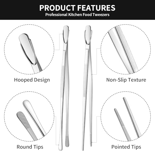 DEHOV 12 Inch Stainless Steel Kitchen Long Food Tweezers For Cooking,Metal Pasta Tongs,Skinny Chef Spaghetti Tongs - color: Silver