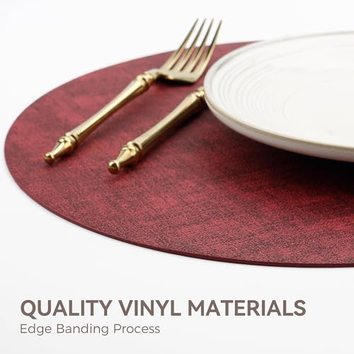 13" Round Placemats Set of 6, Reversible Faux Leather Wipeable Table Mats - color: Burgundy