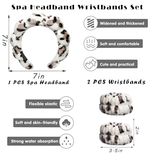 Tetizo Spa Headbands for Washing Face Wristband Set Sponge Makeup Skincare Headband Wrist Towels Bubble Soft Terry Towel Cloth Hairband for Women Puffy Headwear Non Slip Thick Thin Hair Headwear - color: Leopard White