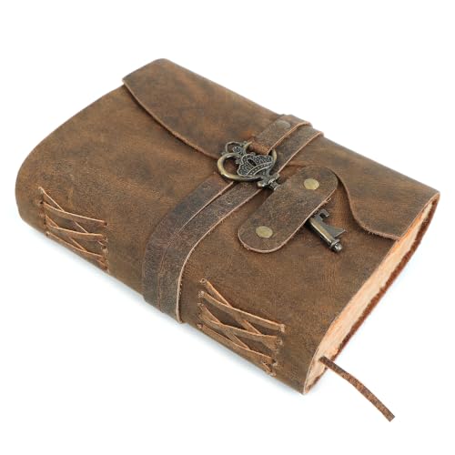 ELIZO Vintage Leather Journal, 200 Handmade Vintage Deckle Edge Paper, Leather Bound Journal For Women & Men, Key Closure, Book of Shadows Grimoire Sketchbook Travel Notebook, Teak Brown - 6X4 inches - size: 6x4 (Key Closure)
