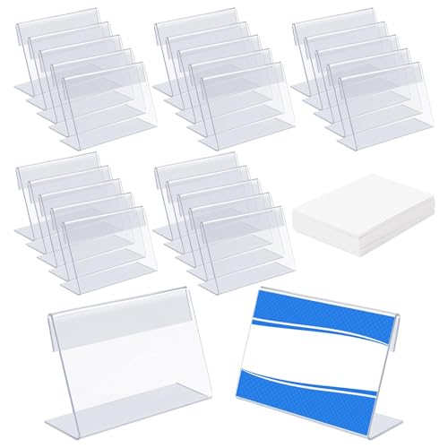 36 Mini Acrylic Sign Holder Name Card Price Tag Label Holder with 36 PCS Blank Labels Slanted L-Shape Plastic Name Card Price Card Tag Label Counter Top Stand