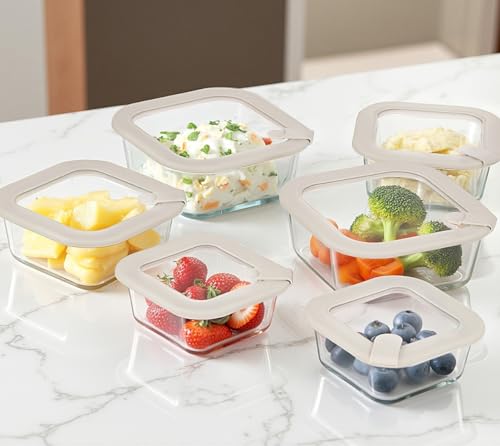 Glass Food Containers with Glass Lid, Microwave Safe Food Storage Container Set, 6 Pack Square Shape, Large Size Airtight Storage Set with Leak Proof Lids, Meal Prep Containers - color: Grey-J6S