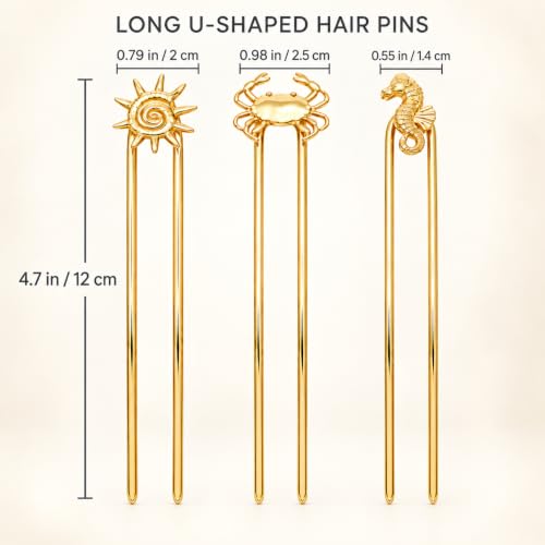 3PCS Ocean U Shaped Hair Pins for Women, Gold Shell Starfish Conch Bun Pins, Coastal Beach Hair Accessories, French Twist Hair Forks for Thick Thin Hair Summer Vacation (Copper) - color: Copper