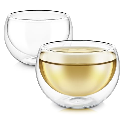Teabloom Teacups - Double Walled Insulated Glasses - Set of 2 (3.4oz / 100ml) Heatproof Borosilicate Tea and Espresso Cups - Celebration Teacup Collection