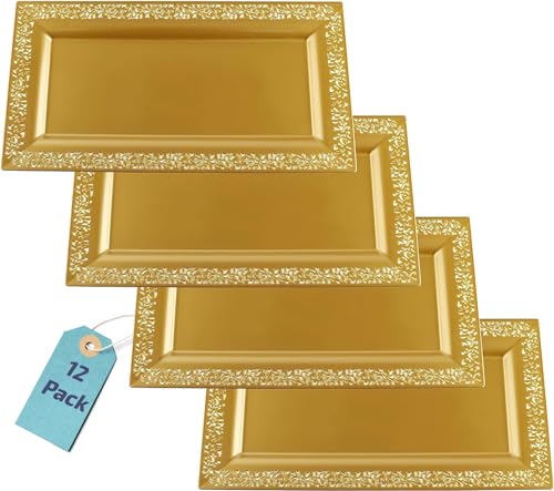 Yumchikel-Decorative Plastic Serving Tray & Platter Set (12 pk)-Gold & lace Rim Serving Trays & Platters for Food - Weddings, Upscale Parties, Dessert Table, Cupcake Display - 14"x7.5" inches - color: Gold Lace, size: 12 Pack