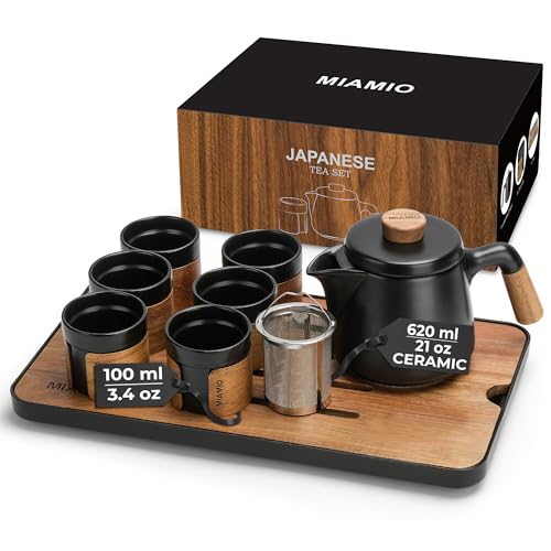 MIAMIO - Japanese/Chinese Tea Set 6 x 3.4 oz/Asian Tea Pot 21 oz with Tea Infuser, Traditional Japanese Tea Cups Set for Tea Lovers/Men/Women (Black) - color: Black