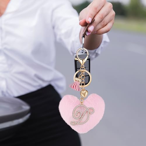 Initial Letter Heart Pom Pom Keychain for Women Pink Soft Fluffy Ball Key Ring for Purse Backpack Handbag - color: D