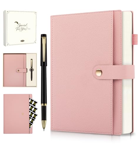 A5 Lined Leather Journal Notebook, Hardcover Journal Set with Pen, Monthly Index Tabs and Gift Box, 320 Pages 100GSM Thick Paper, Thick Daily Diary, Journal for Women, Men, School, Travel, Work(Pink) - color: Pink