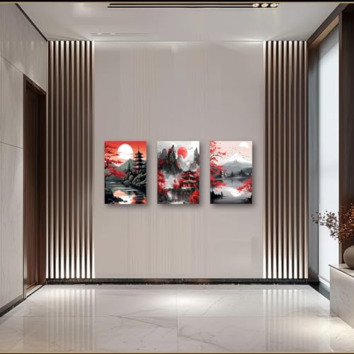 PBXBJY Japanese Canvas Wall Art 3 Pieces Japanese Landscape Painting Prints Red and Black Cherry Blossom Trees Building Pictures Living Room Office Decor Frame (16x24inchx3Pcs) - color: Red, size: 16x24inchx3Pcs