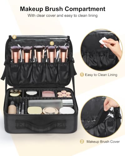 Relavel Makeup Bag Travel Makeup Train Case Large Capacity Cosmetic Case Professional Portable Makeup Brush Holder Organizer and Storage Box with Adjustable Dividers Black - color: Black, size: Small