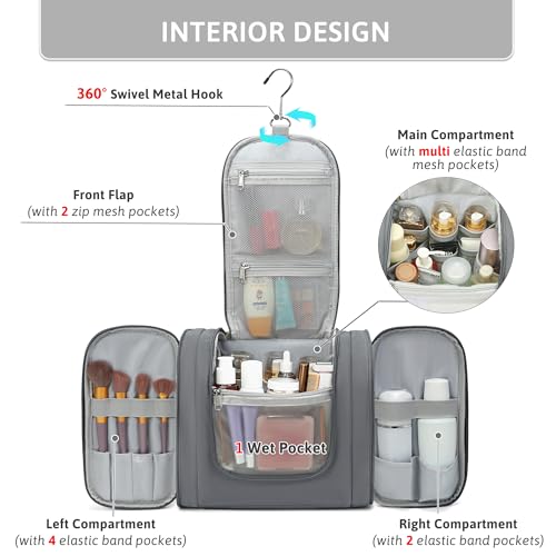 Pearl Angeli Hanging Travel Toiletry Bag for Women, Large Makeup Organizer - color: Grey