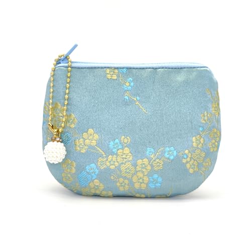 Handmade Women Coin Purse Brocade Rosary Bag Silk Jewelry Pouch Zipper Wallet - Turquoise - color: Turquoise