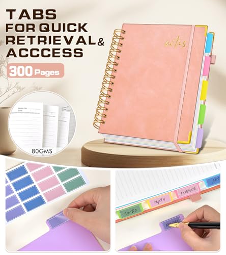 Hardcover Spiral Notebook Journal 8.5" x 11" Leather 5 Subject Notebook with Removable Dividers Tabs, 300 Pages Organizer Notebooks for Work School, College Ruled, Large Lined Journal for Women,Pink - color: Pink, size: A4