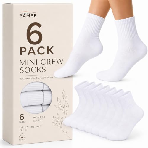 Forever Bambe Mini Crew Socks for Women 4-Pack Cushioned Bottom Retro Striped Socks - Athletic Women's Short Calf Sock - color: 6 - Solid White