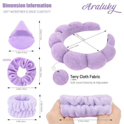 7Pc Puffy Spa Headband and Wristband Set for Washing Face, Skincare With Scrunchies, Powder Puffs, Sponge, Makeup Removal - Terry Cloth for Mask - Purple - color: Purple