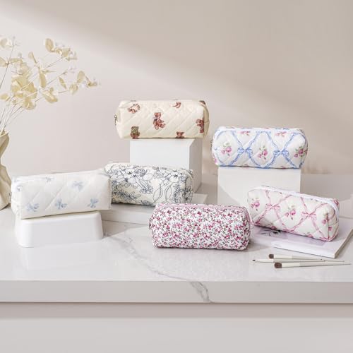 Cute Floral Cotton Makeup Brush Cosmetic Bag for Women, Travel Quilted Zipper Make Up Bag, Flowers Toiletry Organizer Case Kawaii Makeup Cosmetic Travel Cloth Pouch (Pink Bow Tie) - color: 07 Pink Bow Tie