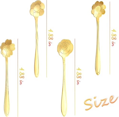 4 Pcs Mini Flower Spoon Coffee Teaspoon Stirring Spoon for Tea and Coffee Party, Desserts(Gold)