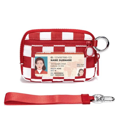 Keychain Wallet for Women with Clear ID Window, Coin Pouch and Wrist Strap - color: Red Checkerboard